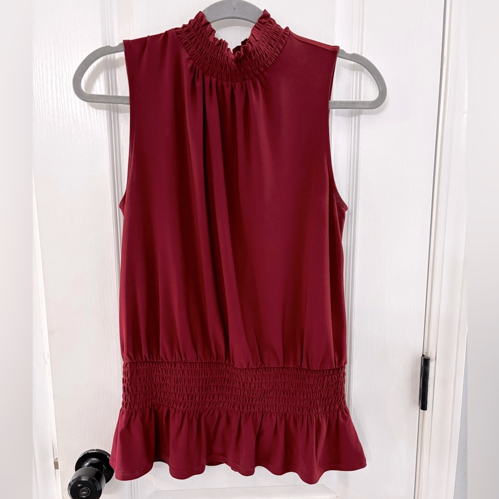 WHBM Women's High Neck Maroon Peplum Top size Small